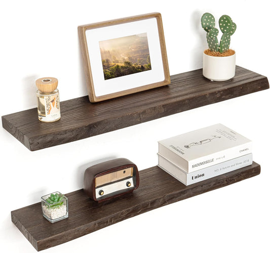 Floating Shelves for Wall Decor, Rustic Solid Elm Wood Live Edge Floating Shelves Wall Mounted, Wall Shelves with Invisible