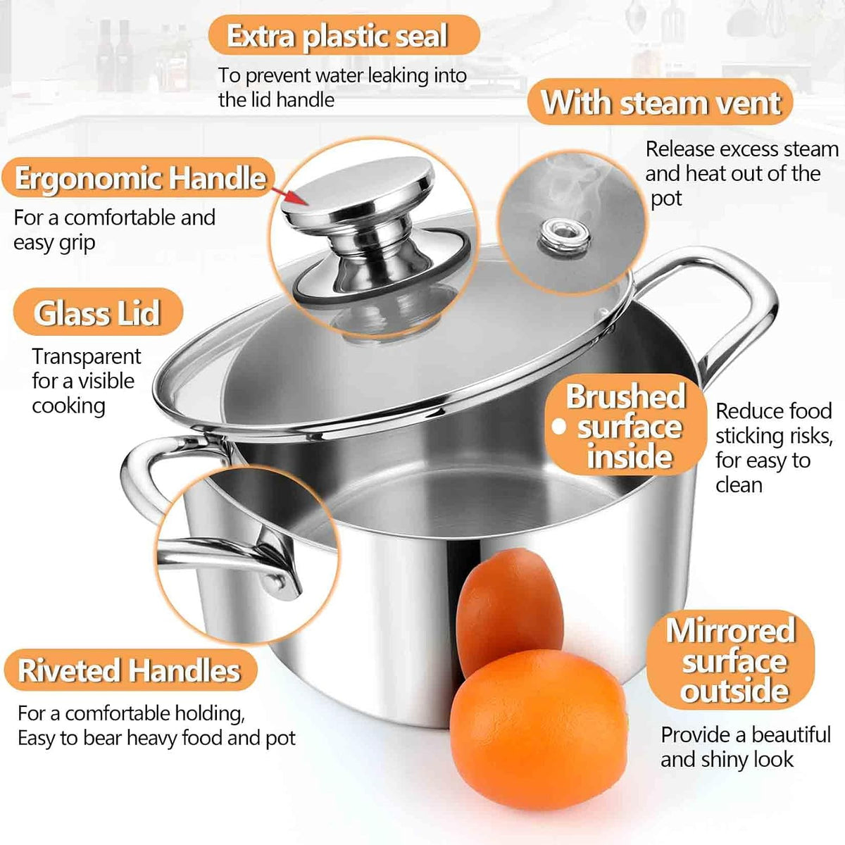 P&P CHEF 4 Quart Tri-Ply Stainless Steel Stock Pot, 4 Qt Stockpot Pasta Cooking Pot with Visible Lid for Soup Vegetable, Induction Cookware for All Stoves, Sturdy & Double Handle, Dishwasher Safe