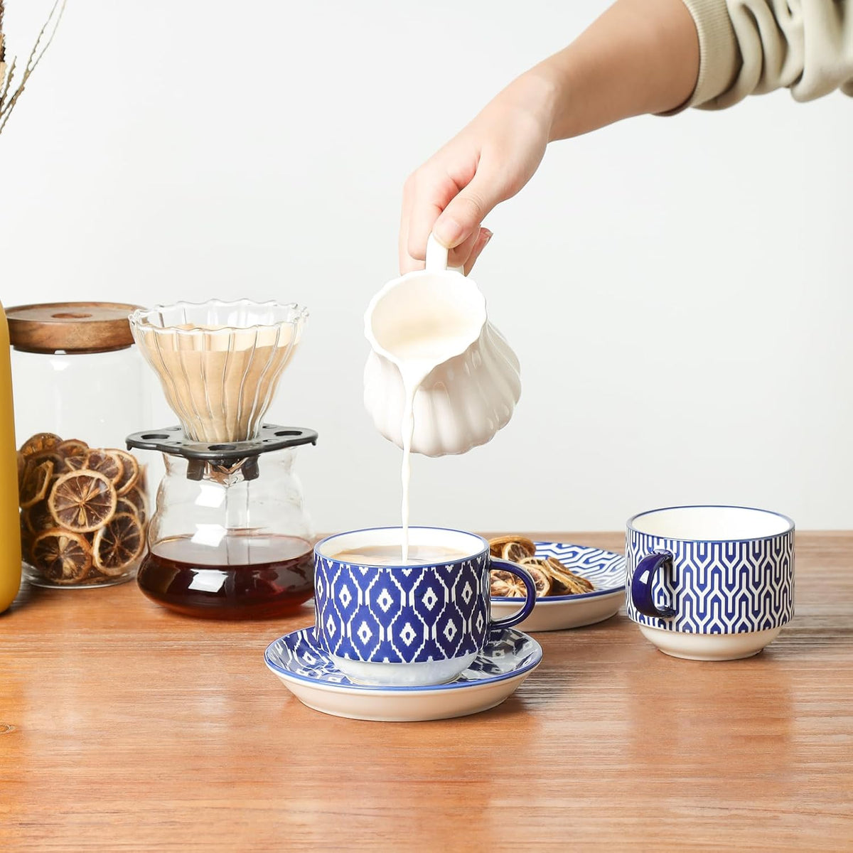 Selamica Ceramic Cappuccino Cups with Saucers and Metal Stand, 8 OZ Stackable Espresso Coffee Cups for Coffee, Latte, Americano, Tea, Set of 4, Vintage Blue