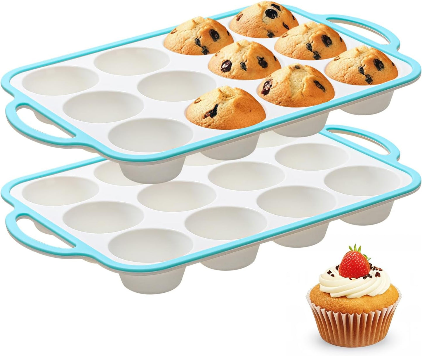 Silicone Muffin Pans for Baking 2 Pack, 2.6 Inch with Metal Reinforced Frame, Regular Size Nonstick 