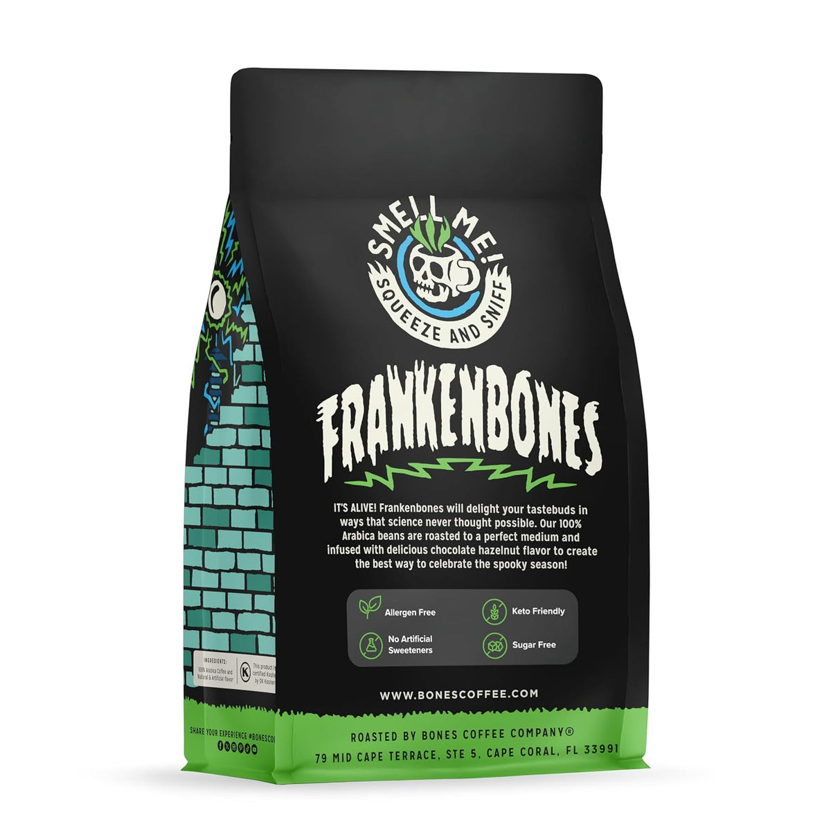 Bones Coffee Company Frankenbones Chocolate and Hazelnut Flavored Coffee, Medium Roast Low Acid Arabica Beans Compatible with Auto drip and French Press Coffee Maker, 12 Oz Ground