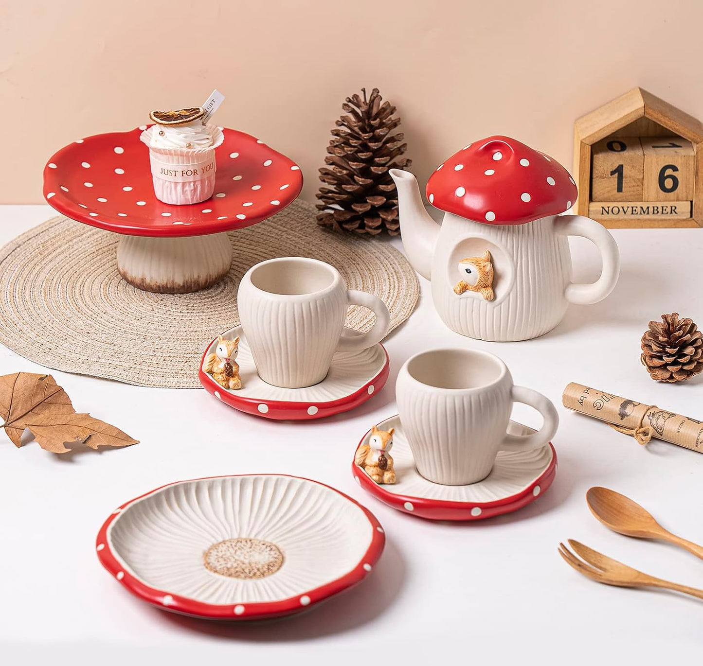 Cute Mushroom Mug with Saucer, Handmade Glaze Polka Dot, with Squirrel Decoration on the Plate. Safety Matt Ceramic Coffee Cups, 11 oz Cartoon Tea Cup. Best Gifts for Women &amp; Girls.