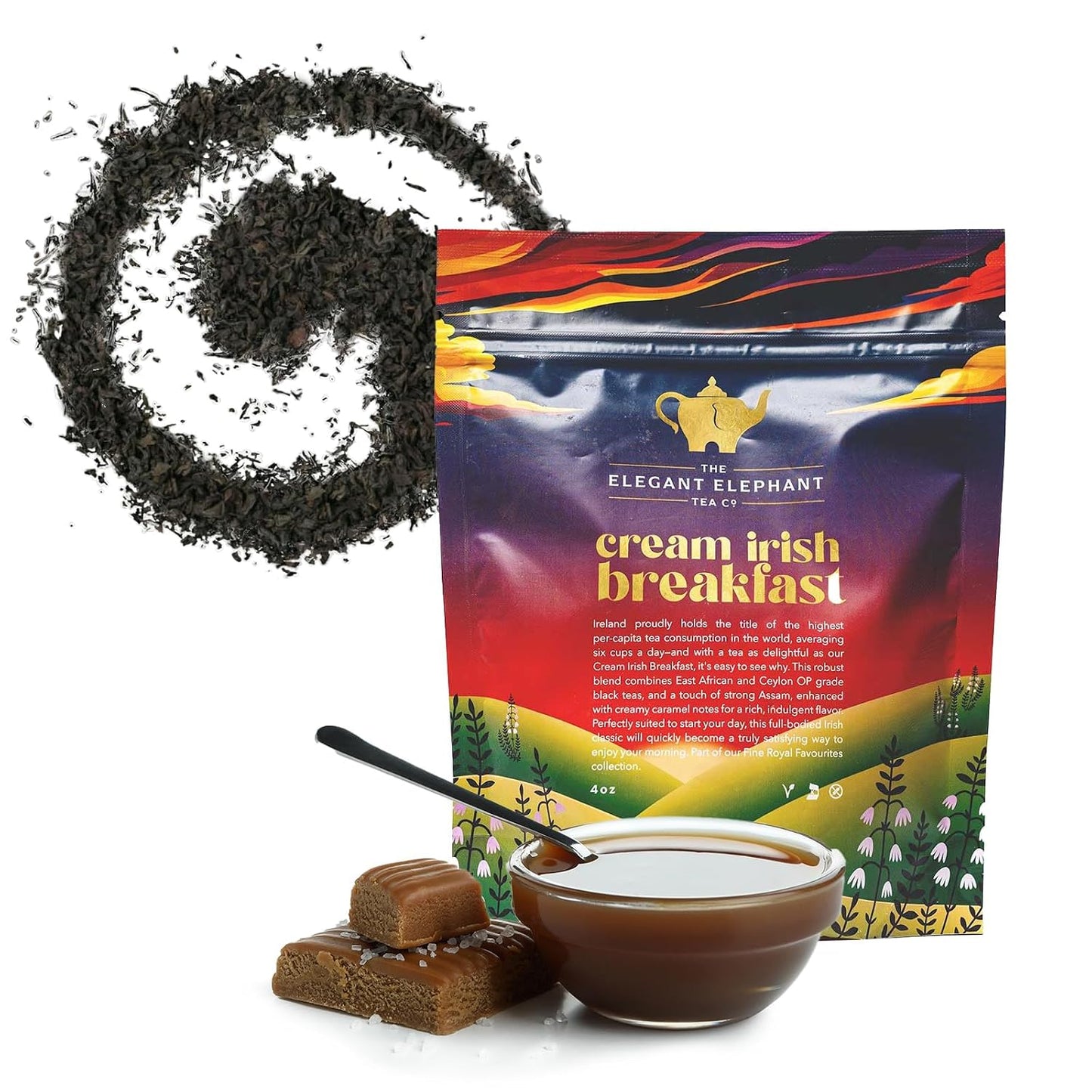 Cream Irish Breakfast Tea, Loose Leaf Black Tea – Irish Classic with Caramel &amp; Strong Assam – Robust, Full-Bodied – Drink Hot or Iced – 4 oz Resealable Bag (Makes 50 Cups) – The Elegant Elephant