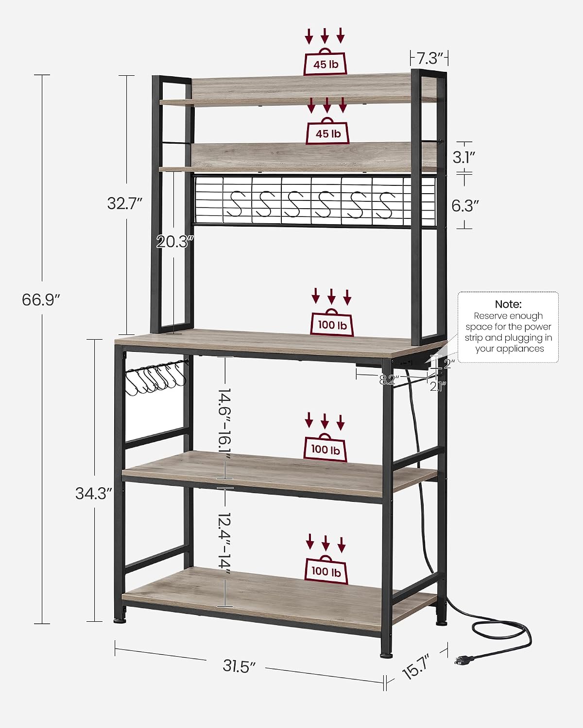 VASAGLE Bakers Rack with Power Outlet, 31.5 Inches Microwave Stand