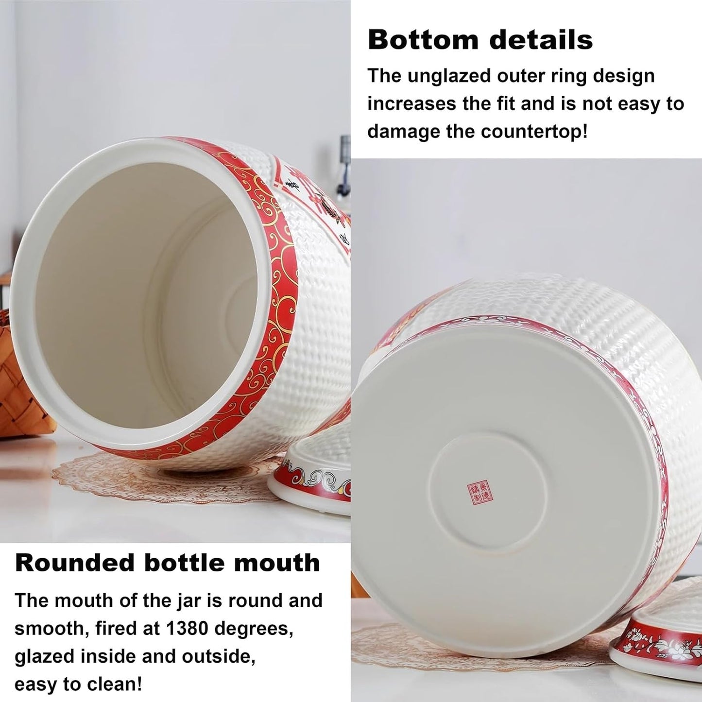Chinese Sealed Large-Capacity Rice Pot, Ceramic Rice Bucket With Tassel Design, Grain Storage Ceramic Container