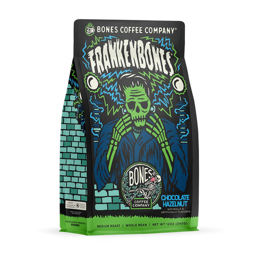 Bones Coffee Company Frankenbones Chocolate and Hazelnut Flavored Coffee, Medium Roast Low Acid Arabica Beans Compatible