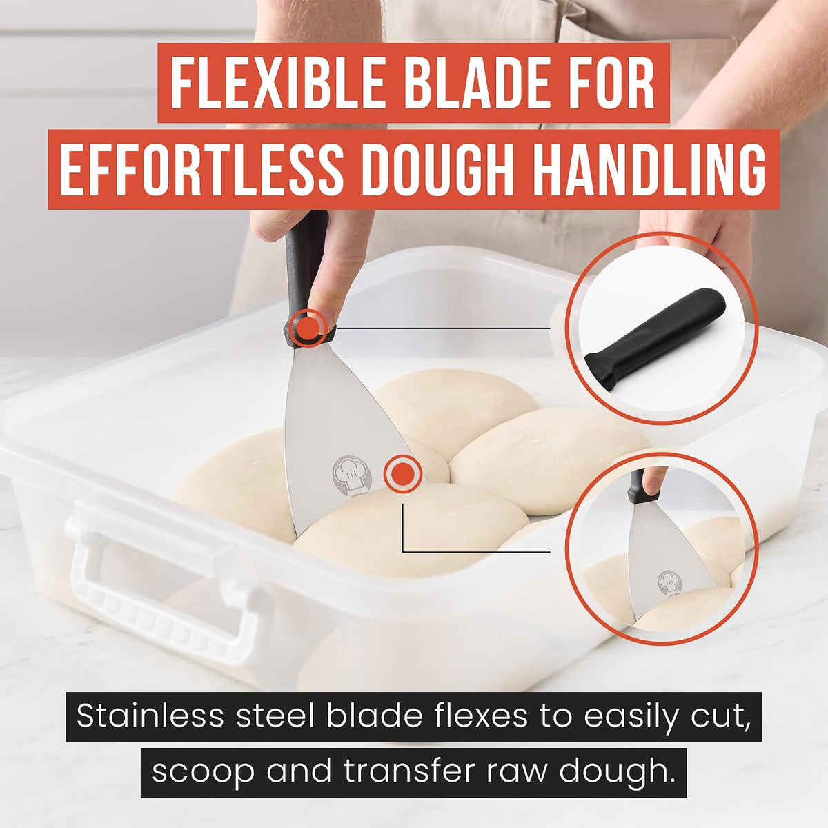 Chef Pomodoro Stainless Steel Bench Scraper, Pizza Dough Cutter, 4 inch | Non-Slip Grip, Cuts Dough, Portions Bread, Chops Veggies, Rust-Resistant, Dishwasher Safe, Metric &amp; Imperial Measurements