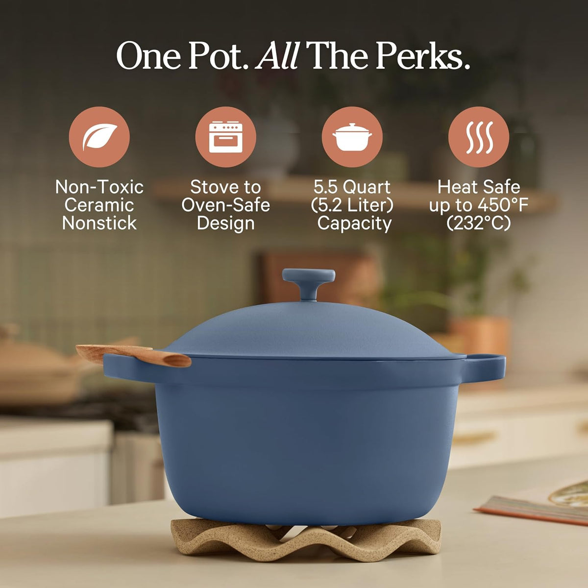Our Place Perfect Pot - 5.5 Qt. Nonstick Ceramic Sauce Pan with Lid | Versatile Cookware for Stovetop and Oven | Steam, Bake, Braise, Roast | PTFE and PFOA-Free | Toxin-Free, Easy to Clean | Blue Salt