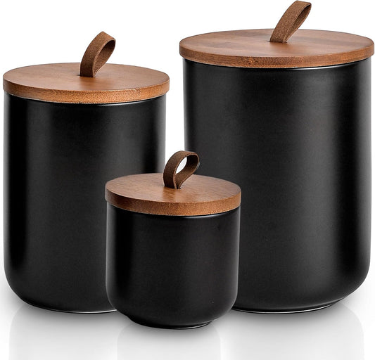 Black Ceramic Canister Set with Bamboo Lids, 3-Piece Airtight Food Storage Jars for Kitchen - Flour, Sugar, Coffee, Tea,