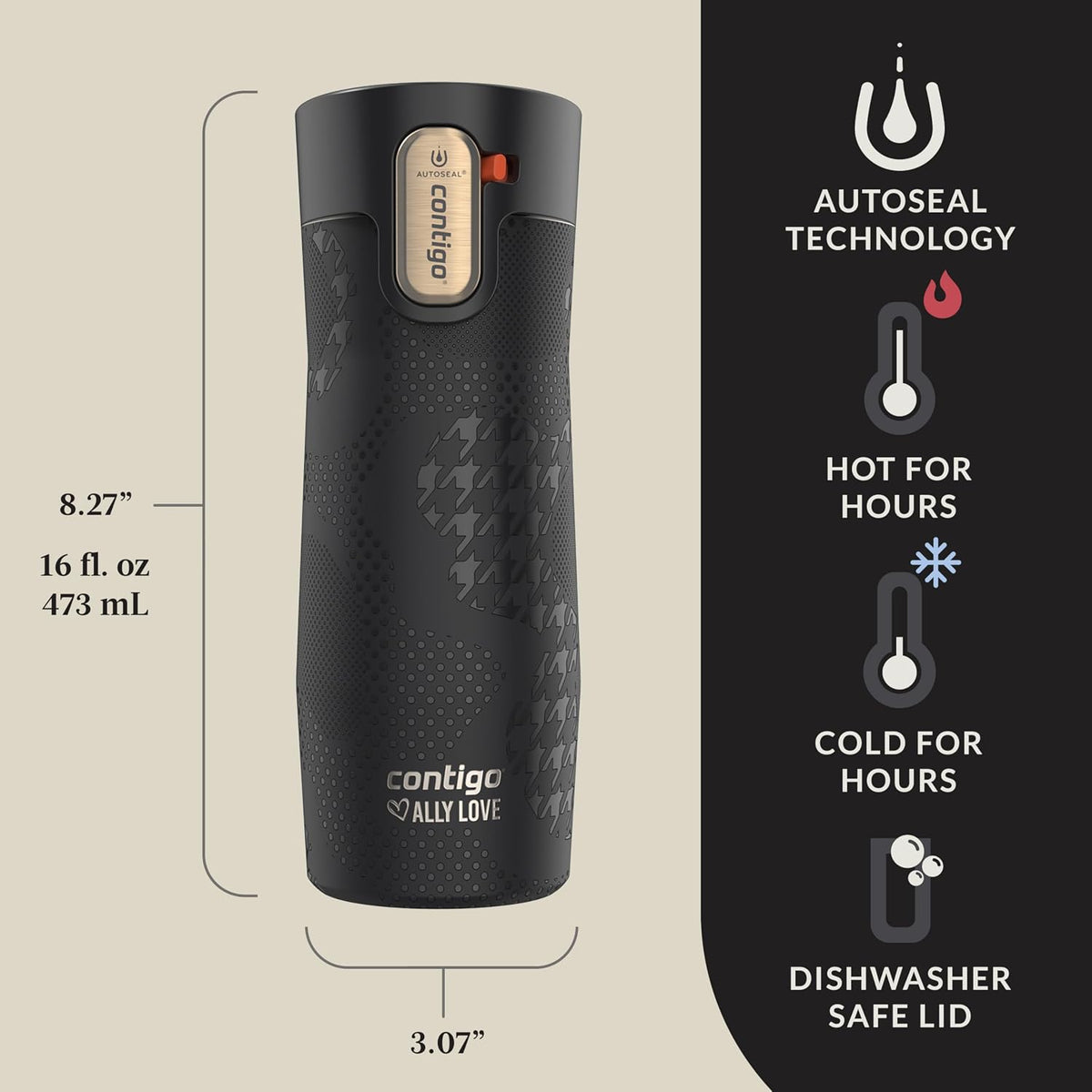 Contigo x Ally Love Stainless Steel Vacuum-Insulated Travel Mug with Autoseal and Easy Clean Lid, Spill-proof, Keeps Drinks cold 24 hrs &amp; hot for 11 hrs, BPA Free, 16oz., West Loop 3.0, Licorice