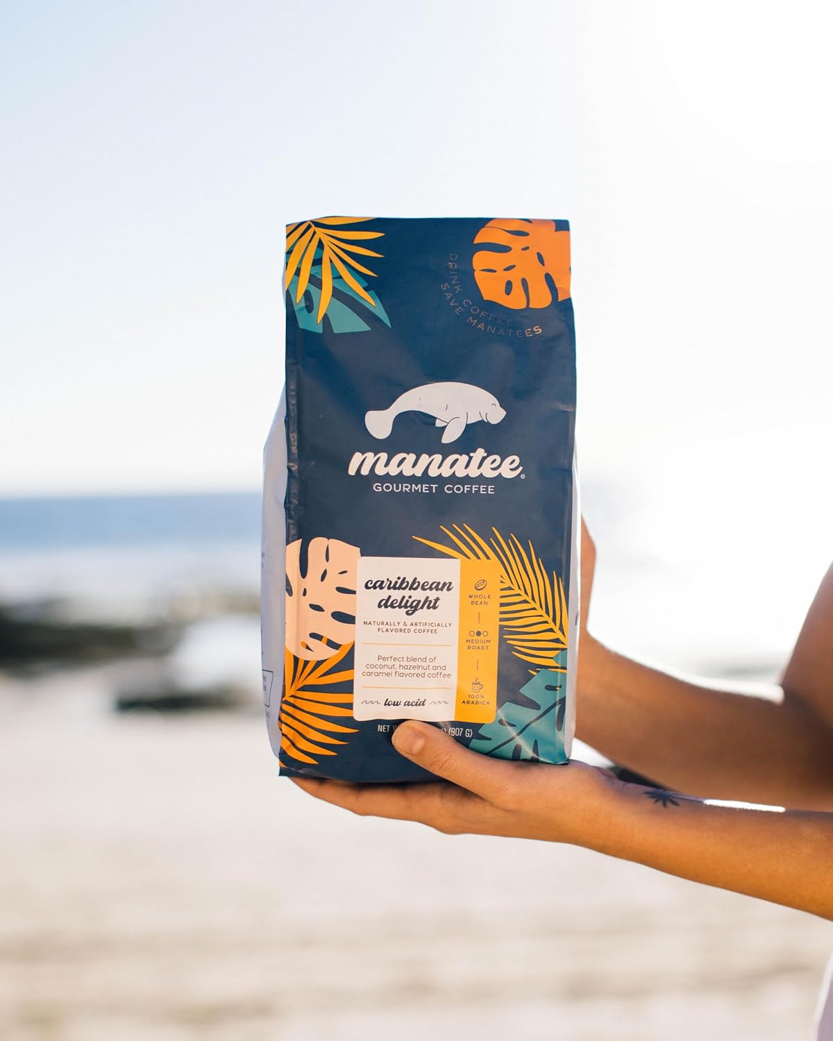 Manatee Gourmet Whole Bean Coffee, Medium Roast, Caribbean Delight 2 lb | 2 Pound Bag, Vegan, Allergen Free, Non-GMO, Kosher, Vegetarian, Small Batch Roasted