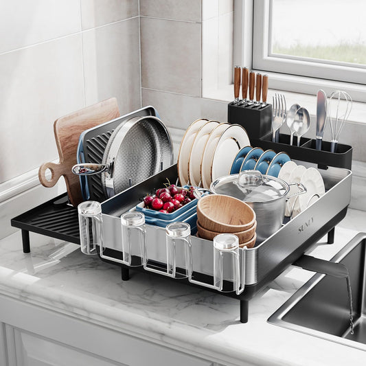 SUNLY Large Dish Drying Rack, Expandable Dish Racks for Kitchen Counter, Space Saving 304 Stainless Steel Drying Rack