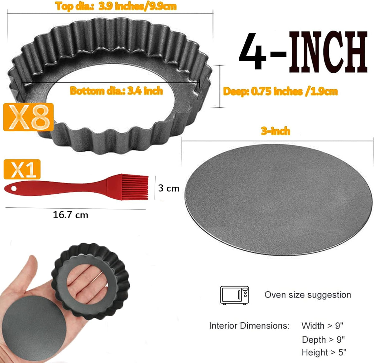 DATANYA 8 Pack Mini Tart Pans 4 Inch with Removable Bottom Round Nonstick Quiche Pan