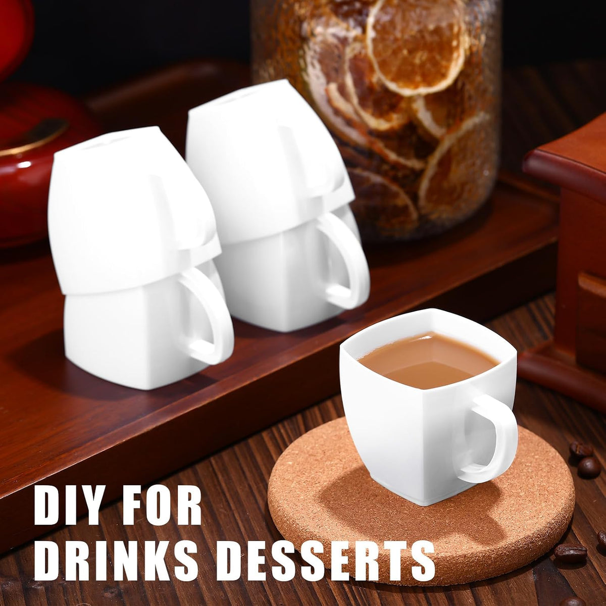Amyhill 50 Pcs Mini Disposable Tea Cups with Handle, 2oz Hard Plastic Coffee Mug Bulk Plastic Square Disposable Espresso Cups for Wedding Tea Party Catering Dessert Sampling (White)