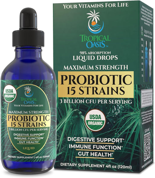 USDA Organic Liquid Probiotics for Men, Women & Kids | 15 Clinically Studied Strains | Digestive Support, Immune & Gut