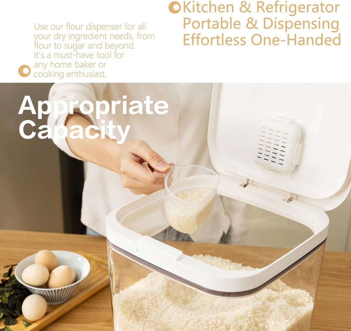 Rice Dispenser 10Lbs - Airtight with Measuring Cup, PET Material