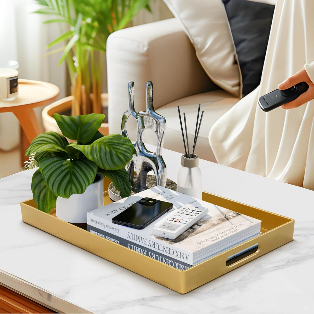 MAONAME Gold Decorative Tray for Coffee Table, Serving Tray with Handles | Plastic Melamine Tray, Modern Ottoman Tray, Rectangular Countertop Organizer Tray for Living Room, 15.8"L x 10.2"W x 1.4"H