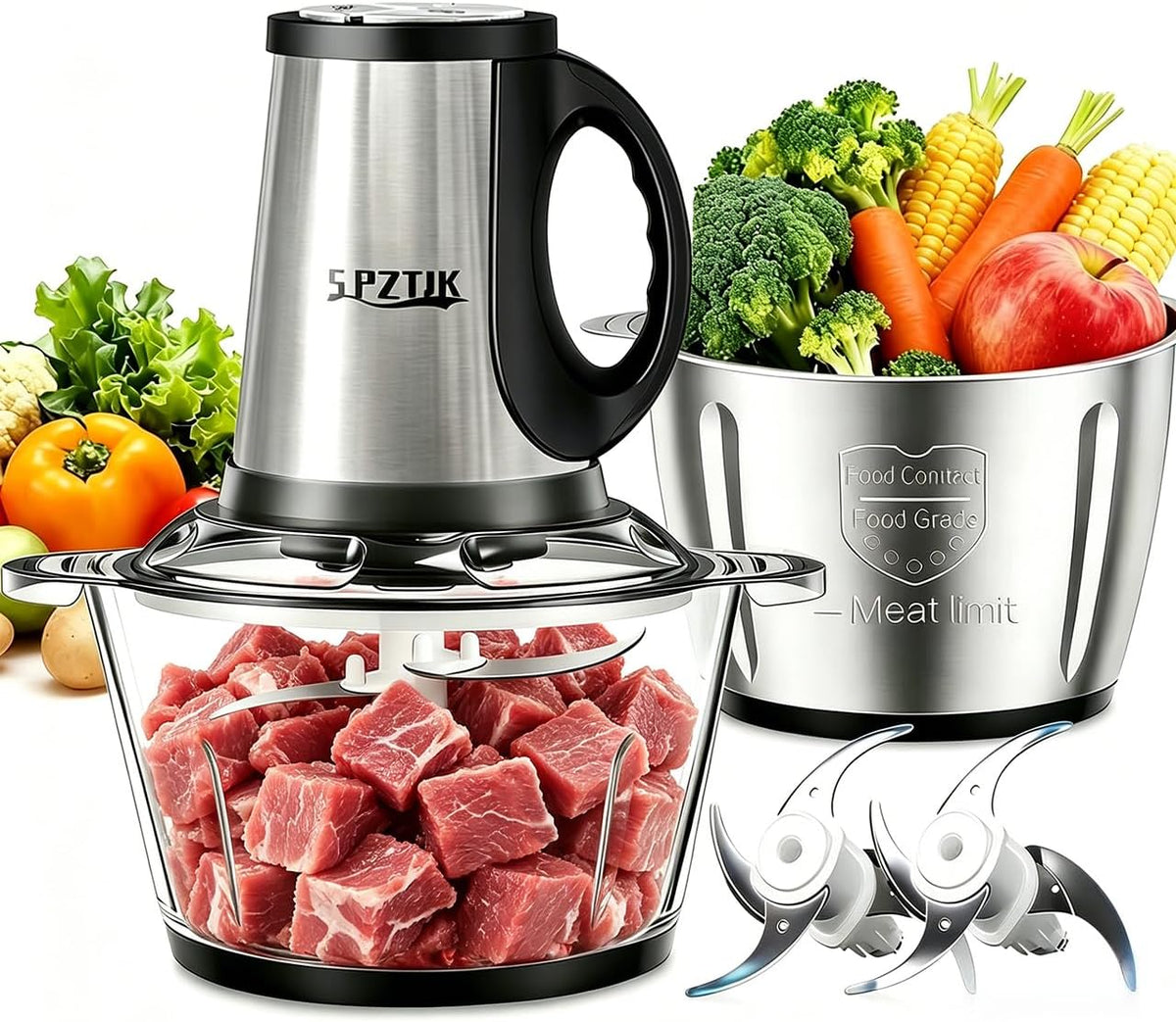 Food Processor, 3-Speed Electric Food Chopper with Vegetable Chopper & Meat Grinder - 2 Bowls (8 Cup Stainless Steel+8 Cup Glass), 300W, 2 Sets of 4 Bi-Level Blades for Vegetable/Fruits/Meat