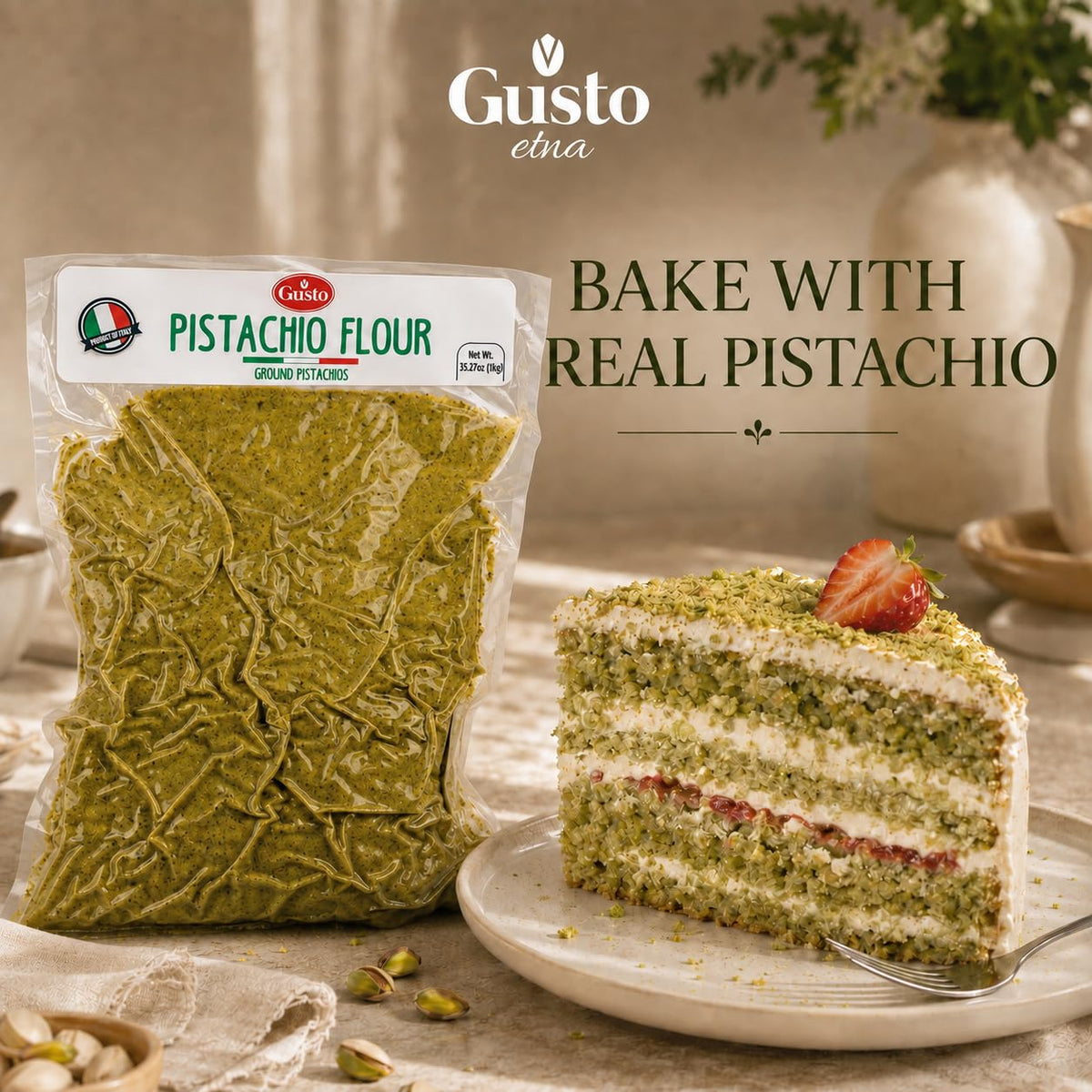 GUSTO ETNA Pistachio Flour, Fine Chopped Pistachio Flour, 2.2 lb | Gluten-Free Ground Pistachio Flour and Powder for Baking and Desserts; Vegan, Non-GMO, Product of Bronte, Sicily, Italy.