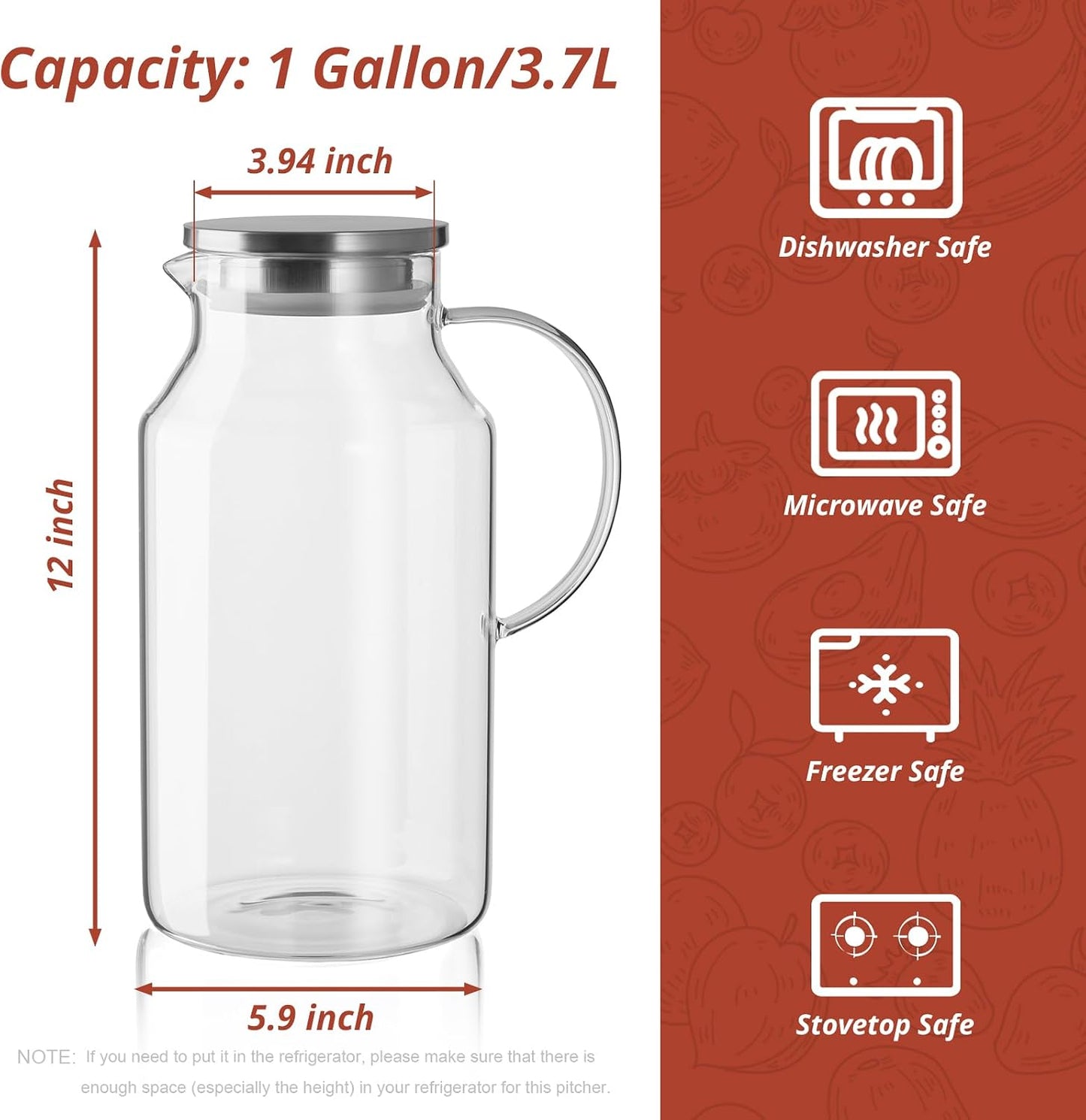 1 Gallon Glass Pitcher with Lid and Handle, Glass Water Carafe for Hot/Cold Water, Large Jug for Iced Tea, Coffee, Juice and Homemade Beverage