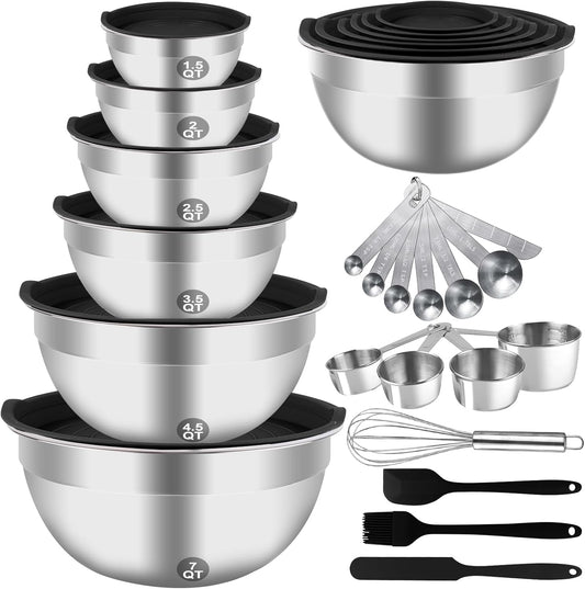 Mixing Bowls Set, 27PCS Stainless Steel Mixing Bowl with Lid Set, Large Nesting Bowls 7, 4.5, 3, 2.5, 2, 1.5QT, Measuring