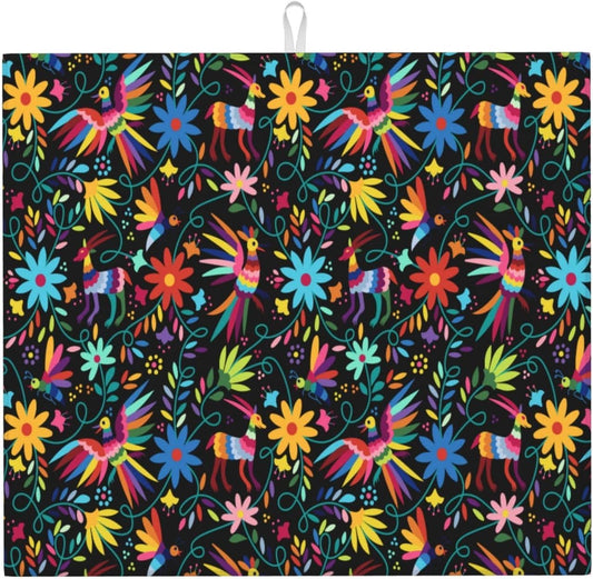Mexican Folk Art Otomi Dish Drying Mats for Kitchen Counter, Absorbent Microfiber Washable Drying Pad, Decorative Cute