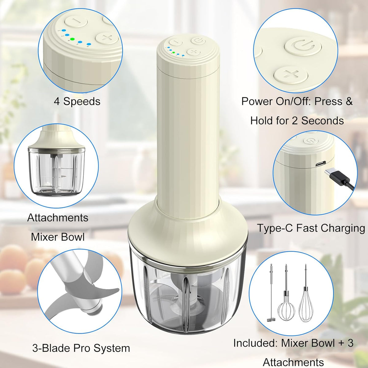 Cordless Hand Mixer MixgoII, Handheld Mixer Electric Whisk &amp; Milk Frother, Hand Held Mini Mixers, Rechargeable Hand Mixer and Whisker, Food Processor for Cooking, Food Chopper, 4-Speed, 10Oz