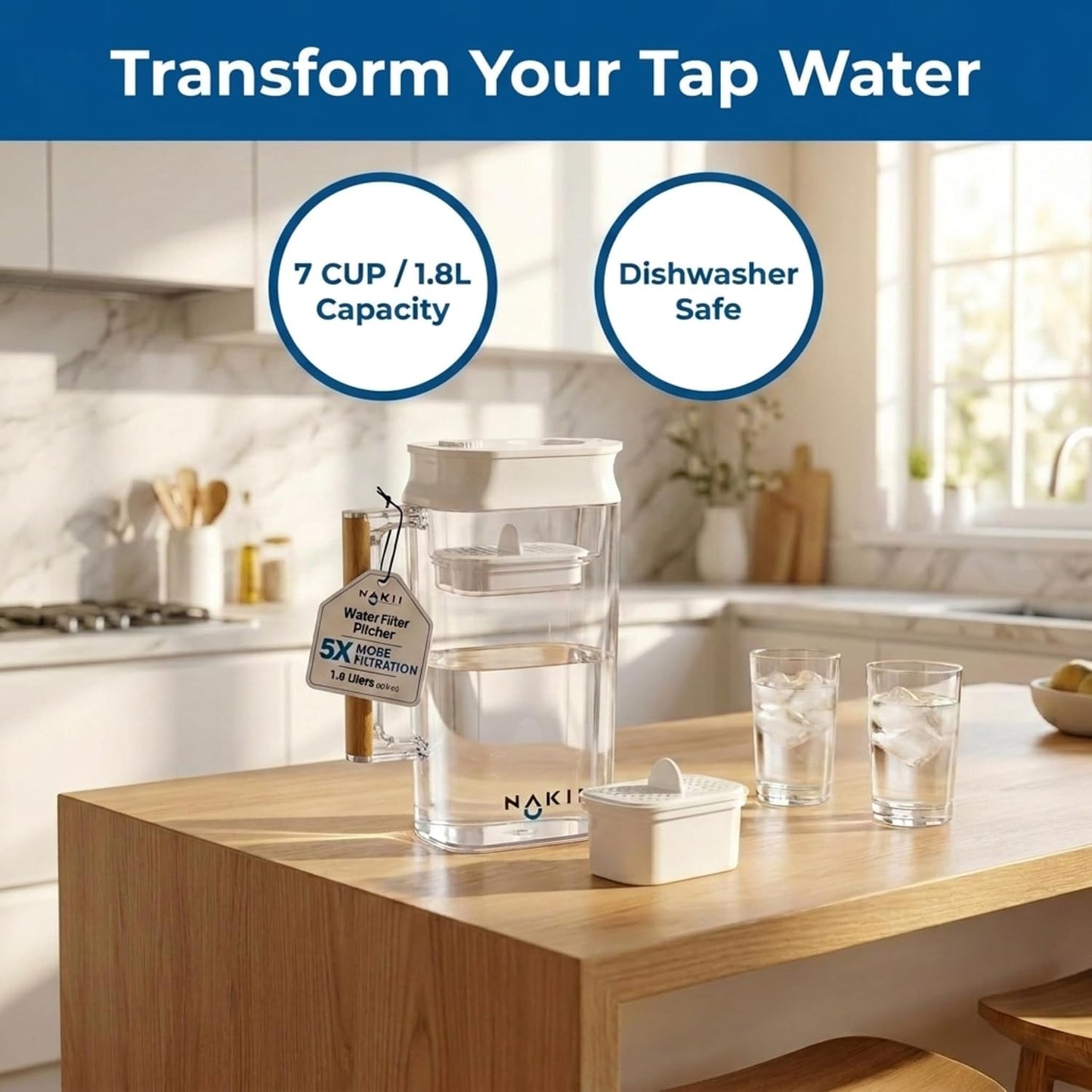 Nakii Water Filter Pitcher 1.8L - Long Lasting 150 Gallons Filtered Water Pitchers With Fast Filtration &amp; Purification Technology - Removes Chlorine, Metals For Clean Tasting Water - WQA Certified