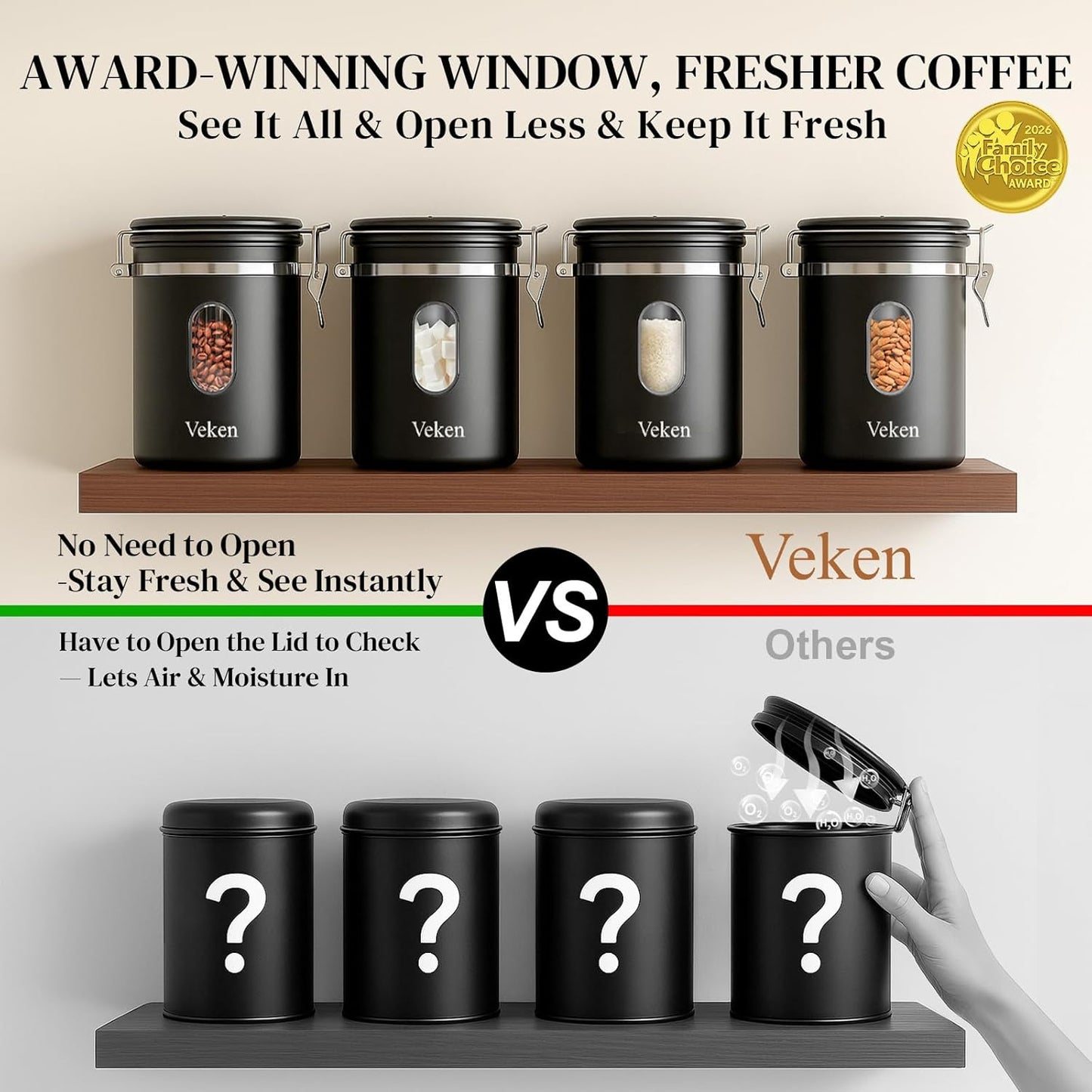 Veken Coffee Canister with Window, Airtight Stainless Steel Container, 22OZ | Kitchen Food Storage Pantry Organizers for Beans,Ground,Espresso,Rice,Tea,Sugar,Bar Accessories,Gifts,Lids,Jars, Scoop, Black