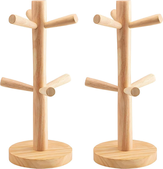 2 Pieces Mug Holder Tree,Coffee Cup Holder with 6 Hooks, Wood Mug Rack for Counter,Coffee Bar Accessories and Orgnizer