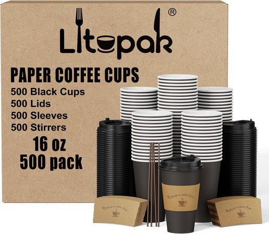 LITOPAK 500 Pack 16 oz Disposable Coffee Cup with Lids, Sleeves, and Stirring Sticks, Black Hot Paper Coffee Cups for Home,