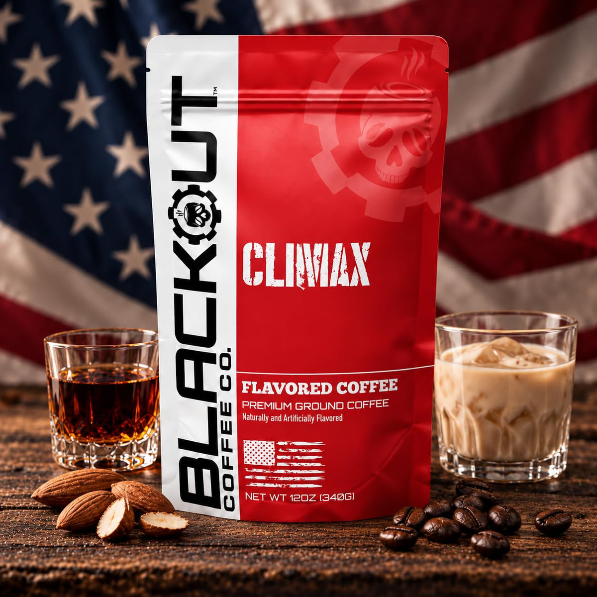 Blackout Coffee Climax Amaretto, Irish Cream &amp; Kahlua Flavored Ground Coffee – Medium Roast, Smooth Taste, Guilt-Free Indulgence – Freshly Roasted 12oz Bag.