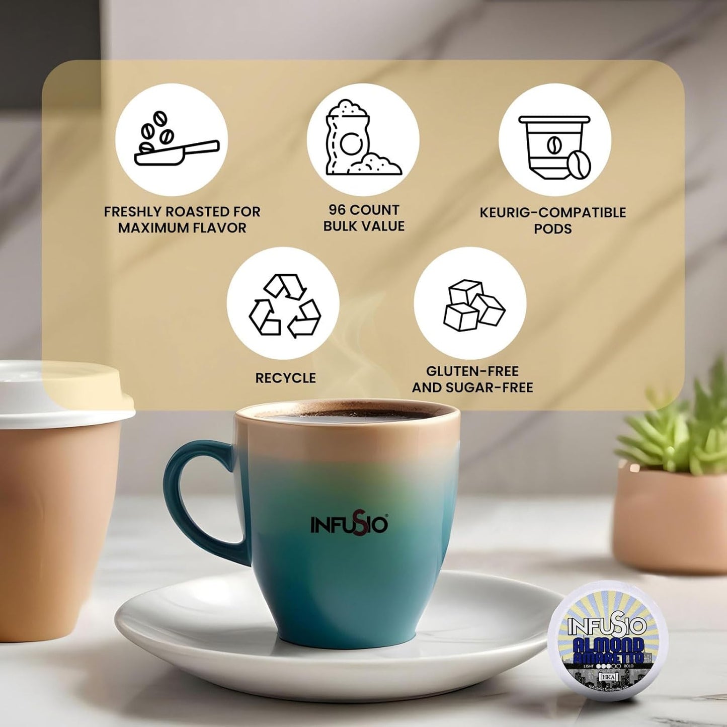InfuSio Almond Amaretto Coffee pods, Single Serve Flavored Coffee Pods for Keurig K Cups Brewers - Premium Roasted 96 count