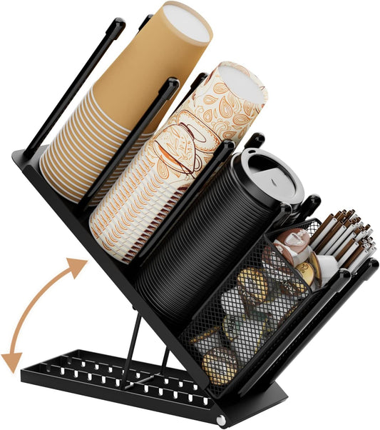 OVICAR Cup and Lid Holder - Adjustable Coffee Cup Holder Organizer 4 Compartment Disposable Cup Dispenser with Coffee Pod