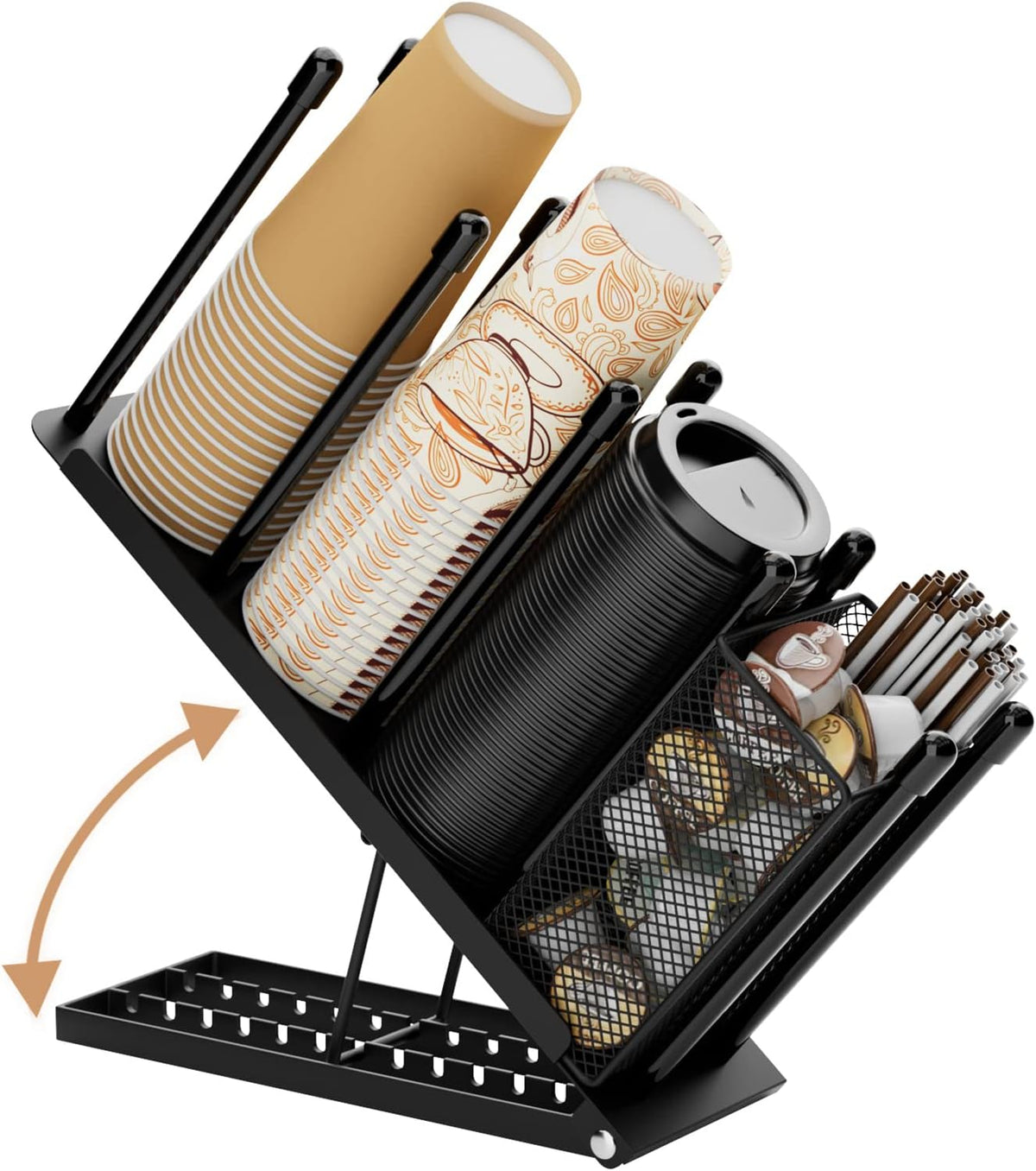 Coffee Cup and Lid Holder - 4 Compartments Plastic Paper Cups Dispenser | 8 Tilt Angle Adjust 100pcs+ 8-22oz Disposable Cups Holder with Straw Basket for Coffee Bar Station Countertop Breakroom Black