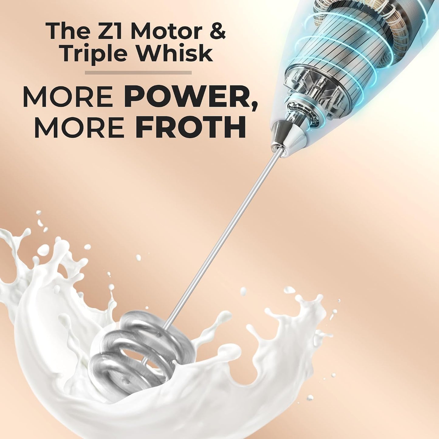 Zulay Kitchen Powerful Milk Frother Wand With Duracell Batteries - Ultra Fast Handheld Drink Mixer - Electric Whisk Foam Maker for Coffee, Lattes, Cappuccino &amp; Matcha - Triple Whisk - Pale Cloud