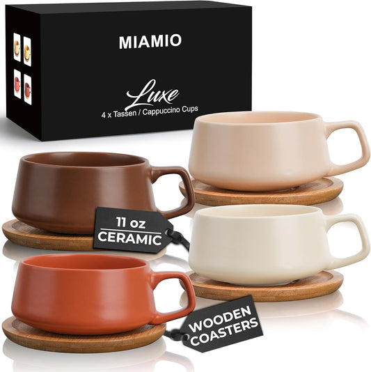 MIAMIO – 11 Oz., Set of 4 Ceramic Tea Cup and Saucer Bamboo/Tea Mug - Wide Cappuccino Cup, Coffee Cups Ceramic Mug for