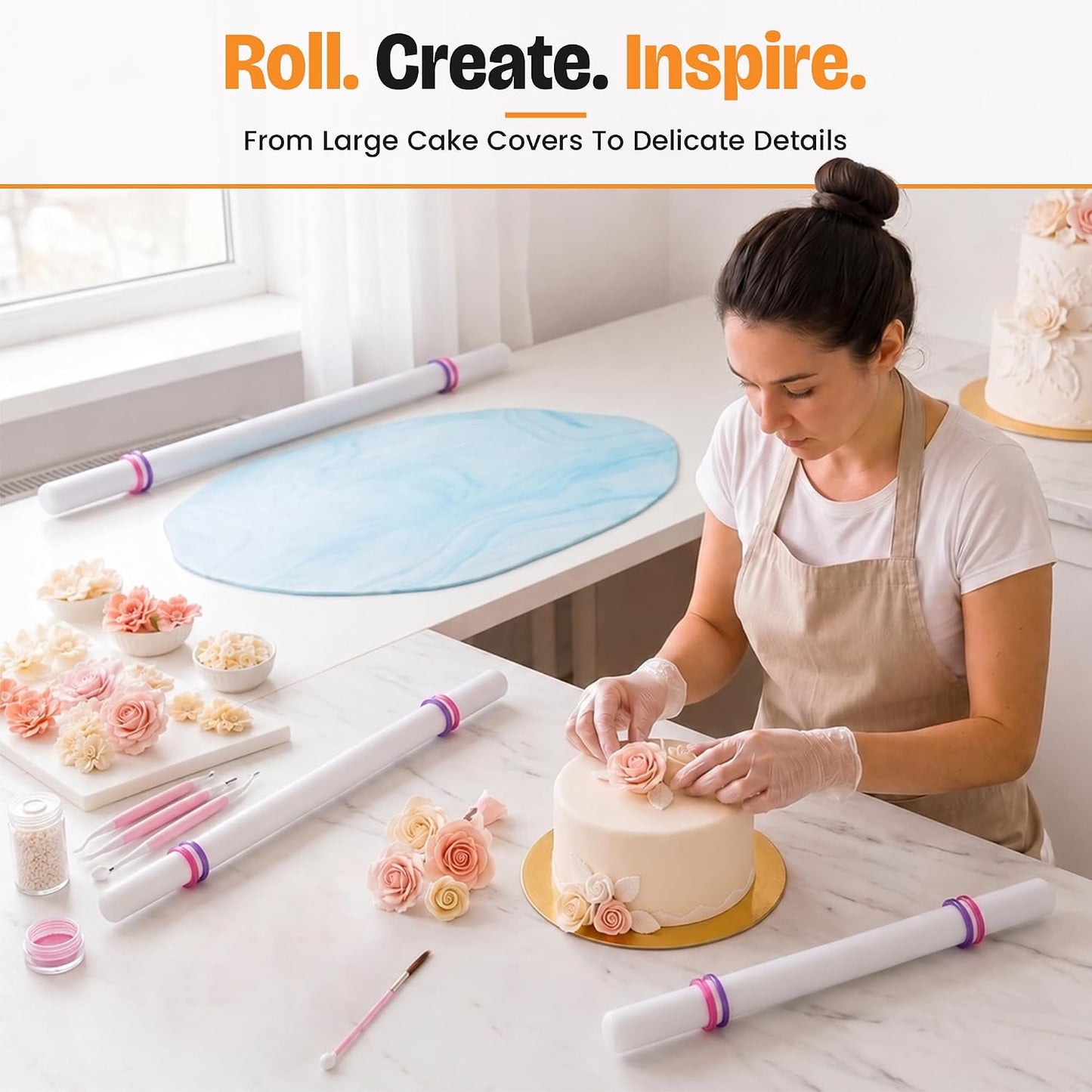 Bakerpan Fondant Roller Set - 3 Fondant Rolling Pins with Thickness Guide Rings for Fondant, Gum Paste, Sugar Paste &amp; Cake Decorating - 19.5", 13" &amp; 9"
