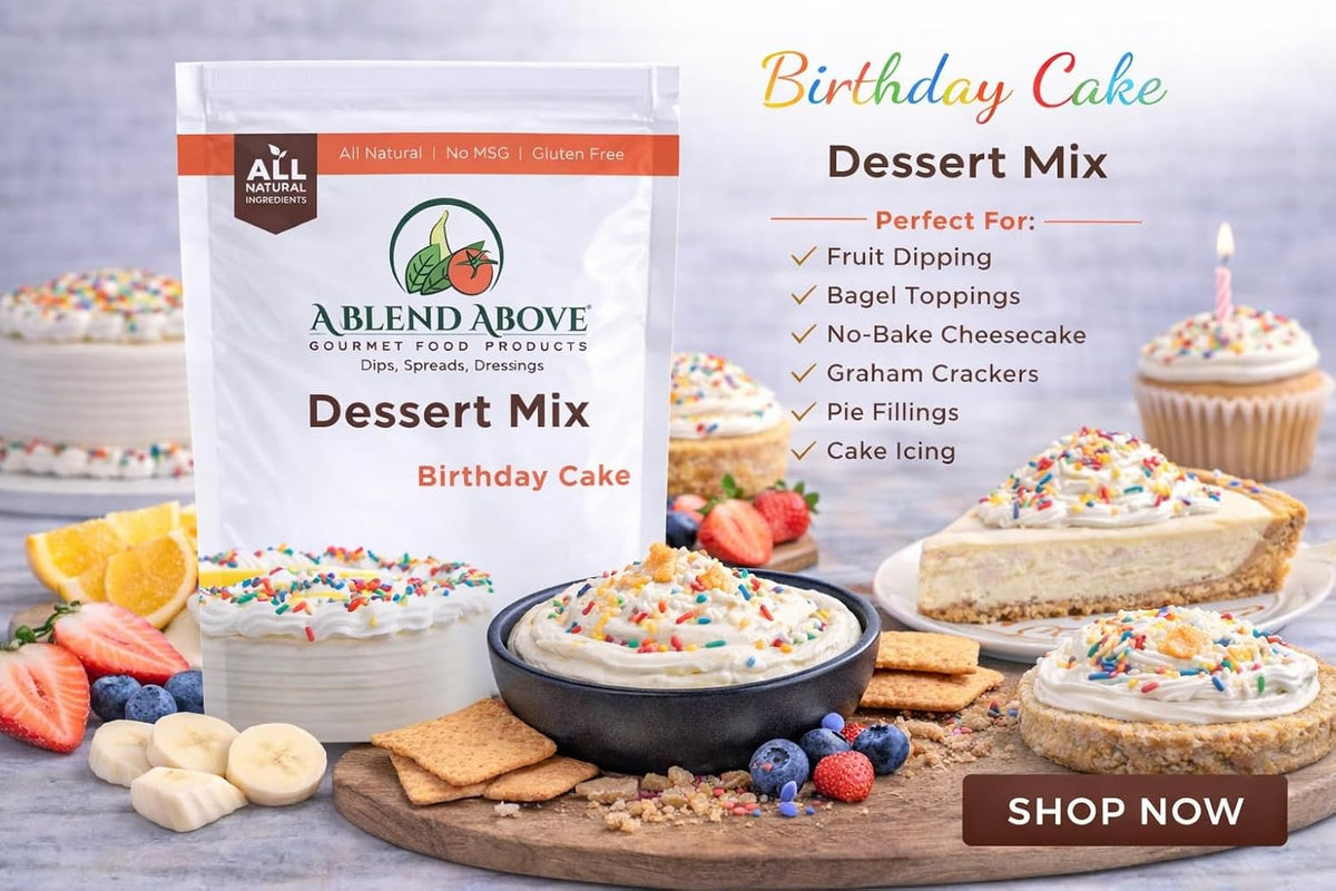 A Blend Above Birthday Cake Mix - No Bake Desserts, All Natural, Gluten Free, No MSG - Instant Dessert Mix, Fruit Dip, Bagel Topping, Frosting, Cheesecake Filling - Easy to Make - 4.2 Oz (Pack of 3)