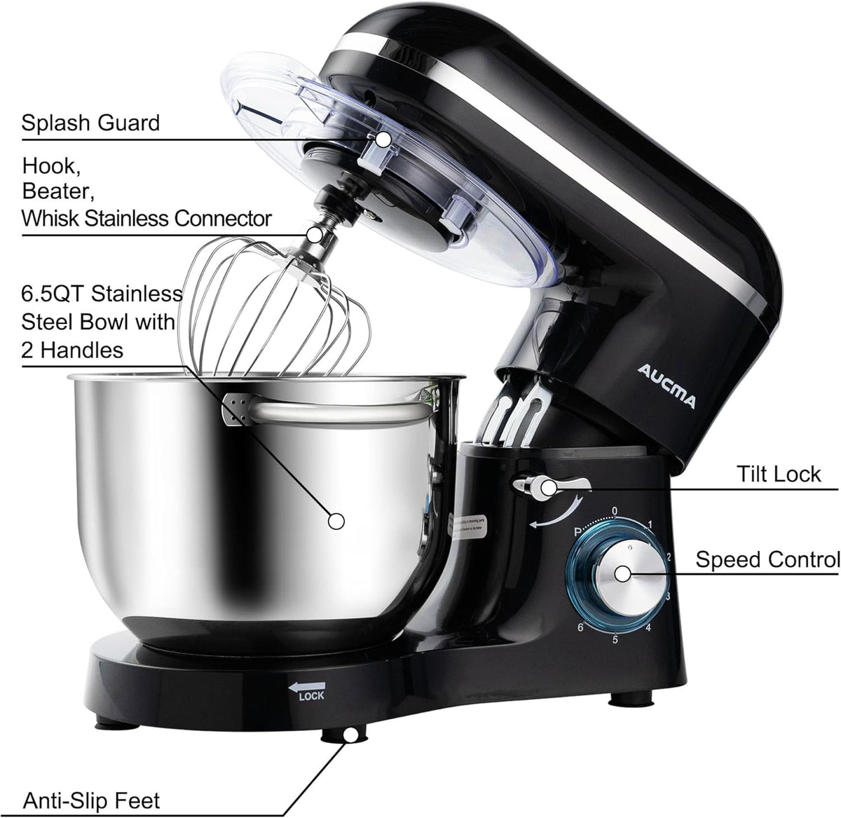 Aucma Stand Mixer,6.5-QT 660W 6-Speed Tilt-Head Food Mixer, Kitchen Electric Mixer with Dough Hook, Wire Whip & Beater (6.5QT, Pink)