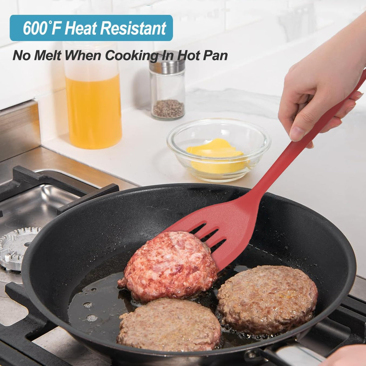Silicone Spatula Turner Set, High Heat Resistant Spatulas with Seamless One Piece Design, Nonstick Rubber Flippers Utensils for Baking &amp; Cooking,BPA-Free, Red, 11 IN