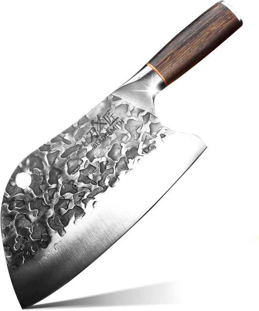 BLADESMITH Serbian Chef Knife 8“, Butcher Cleaver Hand Forged Blade, Handmade Non-Slip Ergonomic Wenge Wood Handle, Kitchen