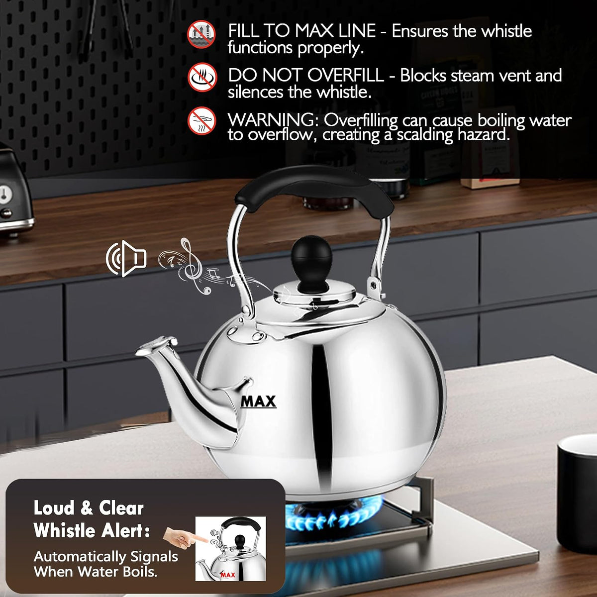 Stovetop Tea Kettle with Whistle - 2.0 Quart 18/8 Stainless Steel Tea Pot for Gas Stove &amp; Electric Coil Stovetop, Food-Safe, Easy-Pour Spout, Mirror Polished Classic Water Kettle