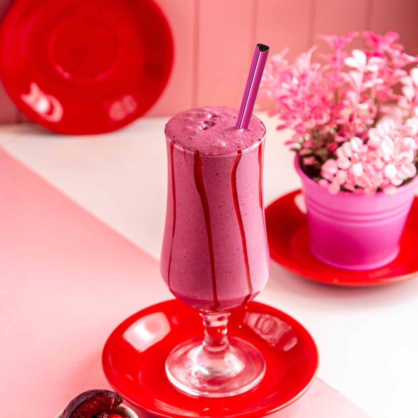 NiHome 8.5” Heart-Shaped Stainless Steel Straws Fit for Smoothie, Cocktails | 16-Pack Metal Straws with 2 Brushes for Holiday, Valentine’s Day, Reusable Drinking for Smoothie Milkshake (Pearl Hot Pink)