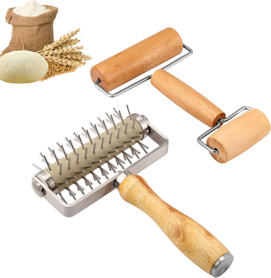 2Pcs Pizza Dough Roller & Dough Docker, Wood Rolling Pin Stainless Steel Dough Hole Puncher for Pizza, Pie, Pastry, Bread,