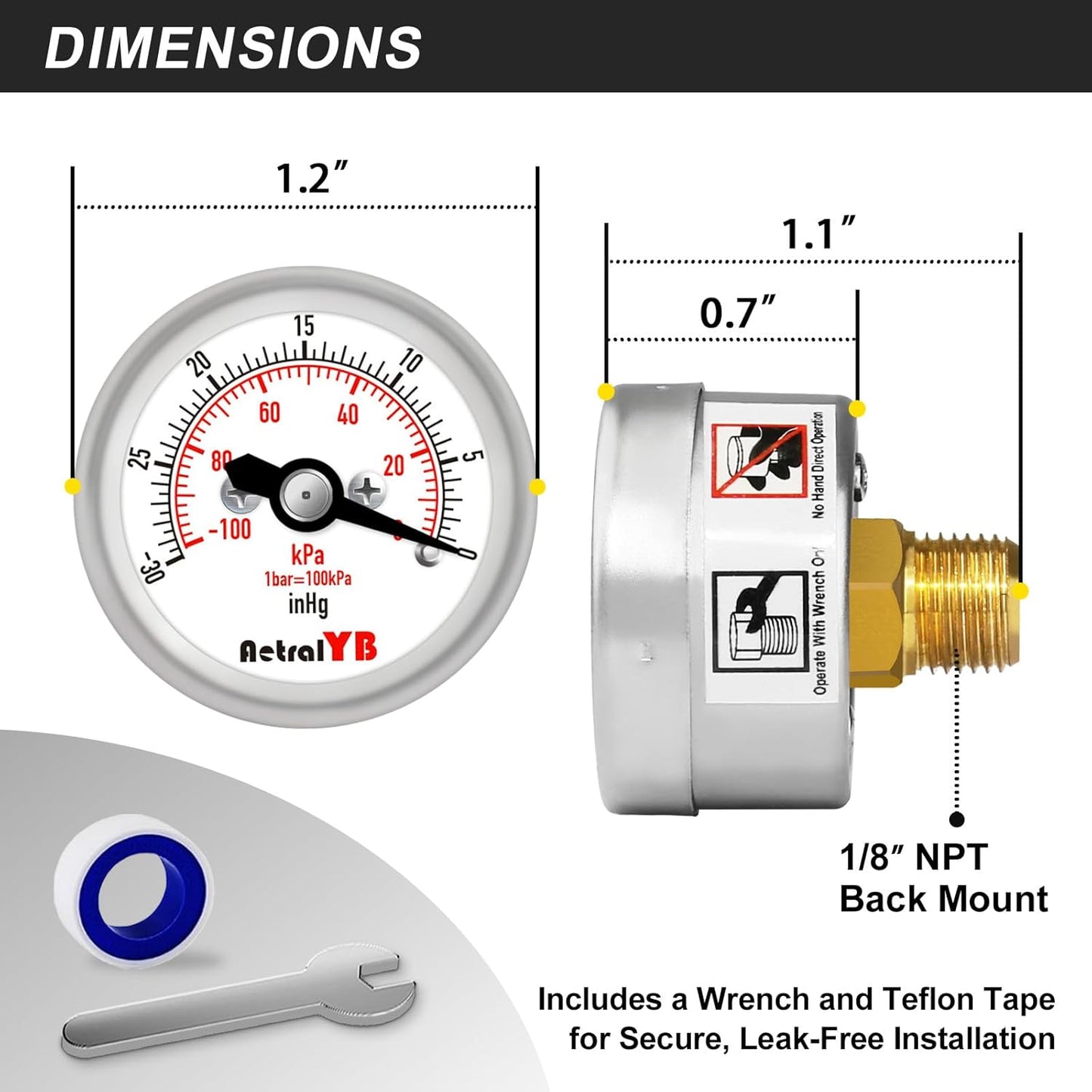 Mini Vacuum Pressure Gauge,Stainless Steel Housing,Brass Internal,1.2 Inch Dial,-30INHG/-100Kpa,NPT 1/8" Back Mount,Dry Type,Lead-Free, for Vacuum Pressure Test