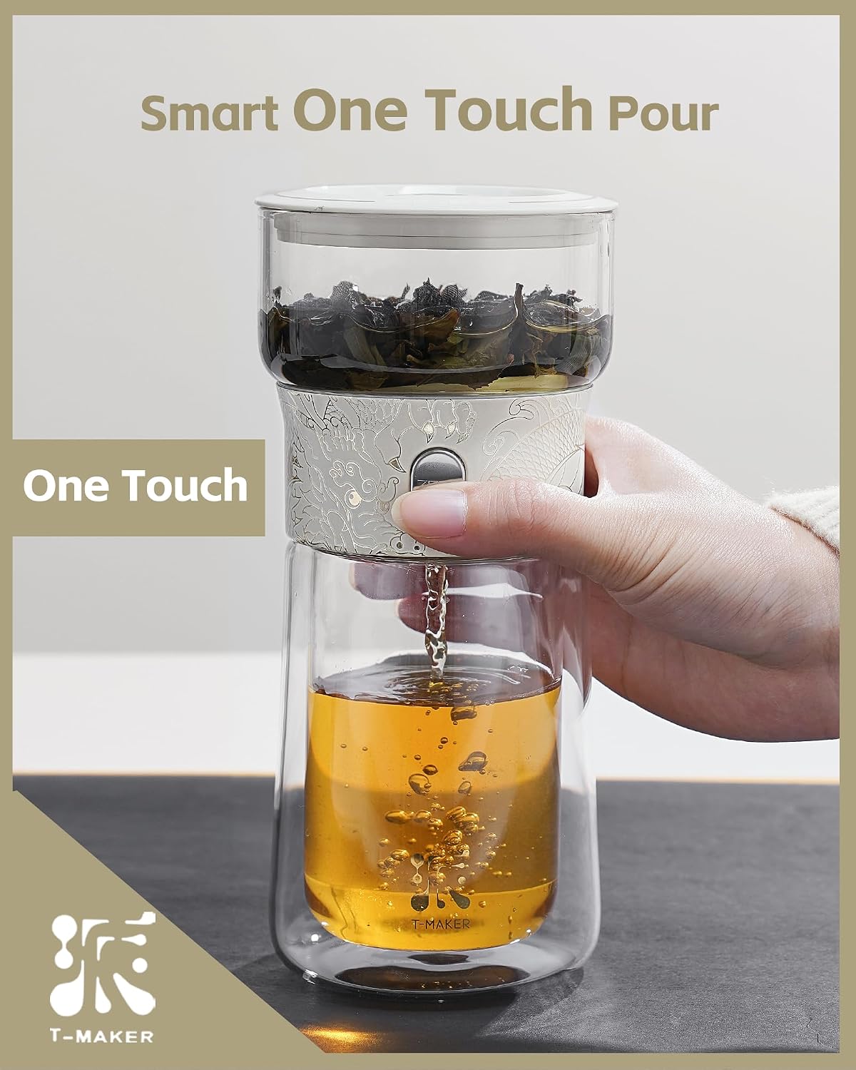 ZENS Glass Tea Infuser Pot, Modern One Touch Tea Maker for Tea Steeping | Loose Tea Diffusers, Magic Tea Pot with 9oz Insulated Mug and Portable Bag for Tea Lovers Gifts, Dragon