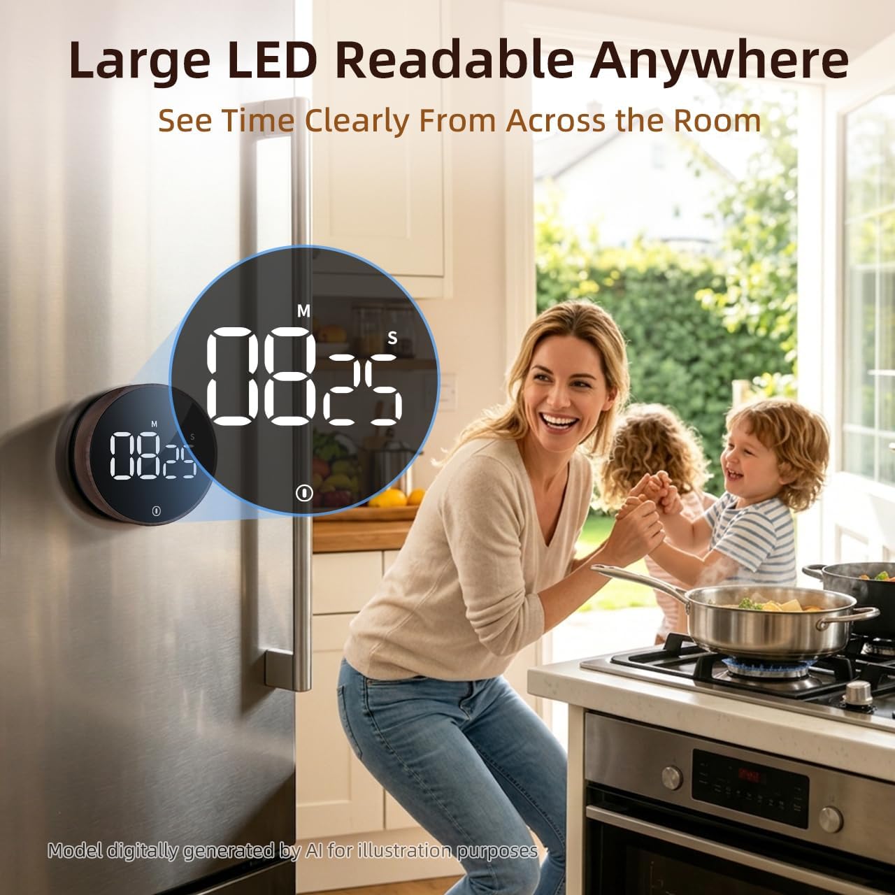 Digital Magnetic Kitchen Timer &amp; Stopwatch with LED Display, Woodgrain | Up to 99:55 Countdown &amp; Count Up , Easy Twist Control, Adjustable Volume &amp; Brightness, Magnetic Back, Battery Powered