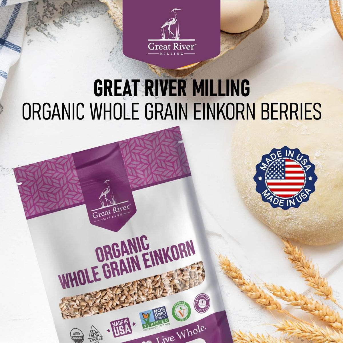 Great River Milling Organic Einkorn Wheat Berries, Ancient Grain, 5 lb | Organic Einkorn Wheat Berries for home-milled flour, bread, sourdough, soups, salads and grain bowls; chewy cooked grain or