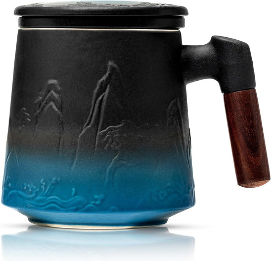 suyika Ceramic Tea Cup with Infuser and Lid, Gradient Embossed Large Tea Mug Wooden Handle for Steeping Loose Leaf, Tea